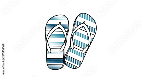 Pair of white flip-flops with blue horizontal stripes and white straps isolated on a white background for summer vacation themes.