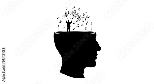 Conductor Orchestrates Music Notes Inside Silhouette Head - Creativity Concept
