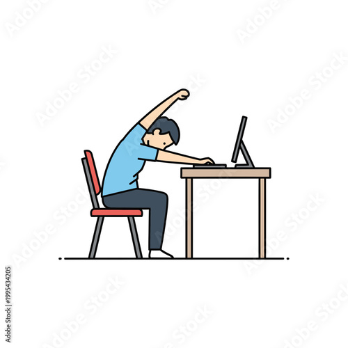 Man stretching at office desk while working on computer vector
