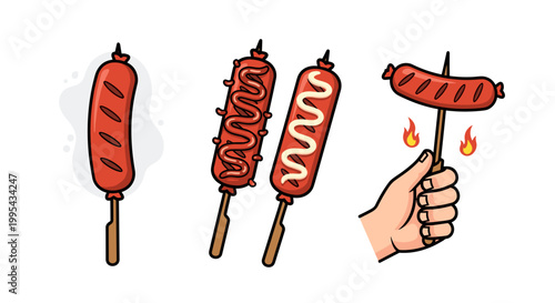 Various grilled and skewered sausages on sticks, including plain, sauced, and a hand roasting one over a flame, illustrating popular snack and barbecue food items