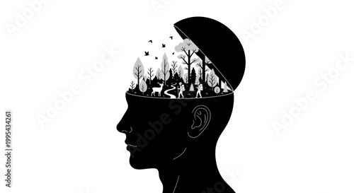 Nature inside human head silhouette, creativity and imagination concept
