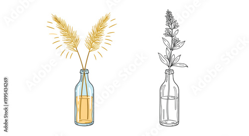 Illustration of two glass bottles used as vases for a bunch of golden wheat stalks and a single dried flower branch for decor.