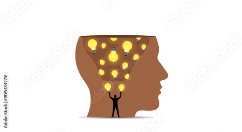 Silhouette of person holding light bulbs, symbolizing ideas and innovation within a human head