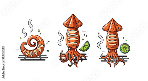 Three grilled squid illustrations with lime and smoke, symbolizing delicious seafood and culinary art