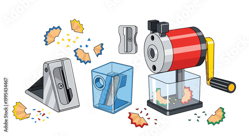 Diverse pencil sharpeners, including rotary desk and handheld types, arranged with vibrant wood shavings, representing essential tools for drawing, writing, and creative endeavors