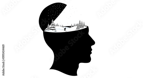 Silhouette of head with winter landscape inside, symbolizing imagination and dreams