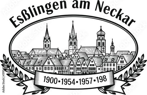 Vintage black and white illustration of german town Esslingen am Neckar cityscape with churches and 