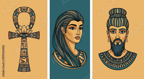 Ancient Egyptian Ankh Symbol and Pharaoh Portraits, Egyptian Culture