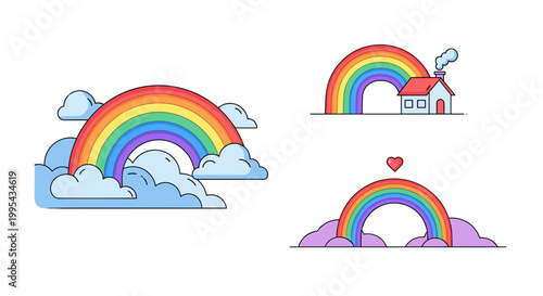 Vibrant rainbow arches with whimsical clouds, cozy home, and loving heart, symbolizing hope, dreams, and happiness in a joyful illustration style