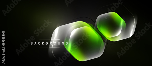 Abstract hexagons glow, vibrant green hues blend with silver. Dark background emphasizes luminous shapes, creating modern design.