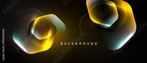 Abstract geometric shapes overlap, creating glowing effect. Dark background emphasizes vibrant gold, teal hues. Modern design element.