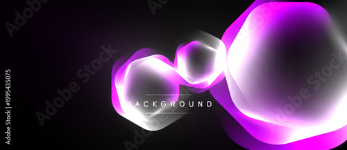 Abstract neon shapes overlap dark background. Vibrant pink, silver hues create modern visual effect. Minimalist design, dynamic composition.