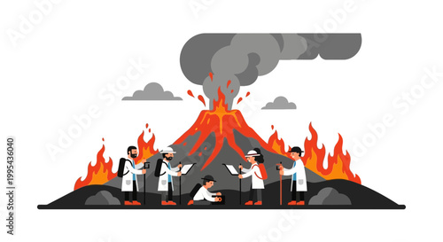 Scientists monitoring an active erupting volcano illustration
