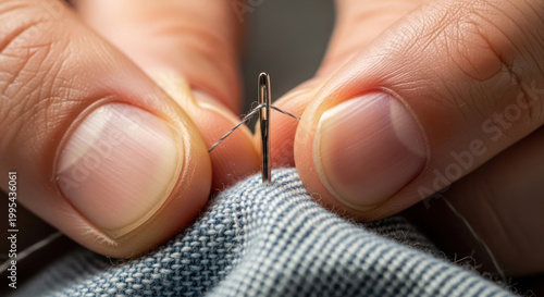 Closeup of hands sewing fabric with needle and thread 4.