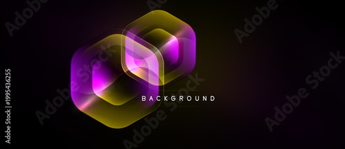 Abstract geometric shapes overlap, creating luminous effect. Dark background emphasizes vibrant colors, modern design.