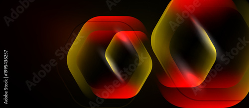 Abstract design features layered hexagons. Red, gold hues dominate dark background. Shapes suggest depth, luminosity. Modern aesthetic.