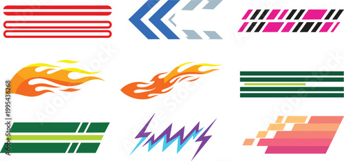 Racing Sticker Set with Flames, Lightning Bolts, Speed Stripes, Arrows, and Pixel Dash Elements for Sports, Automotive, and Action Designs