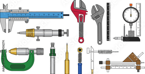 Precision Engineering and Measuring Tools Vector Icon Set with Caliper, Micrometer, Wrench, Screwdriver, Dial Gauge, and Tap for Mechanical and Industrial Workshop Design