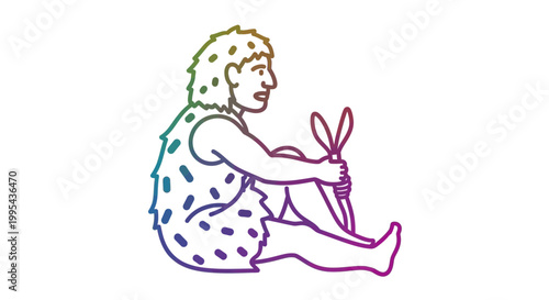 Caveman Sitting with Spear, Prehistoric Man, Ancient Hunter, Rainbow Outline