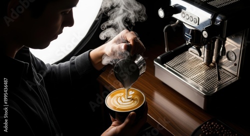 Art of Coffee Making with Steam and Milk in Modern Cafe Setting