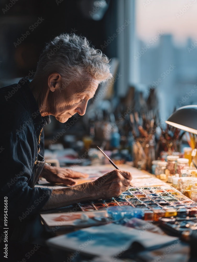 Fototapeta premium Nonbinary elder painting with watercolors in a quiet studio during a contemplative afternoon