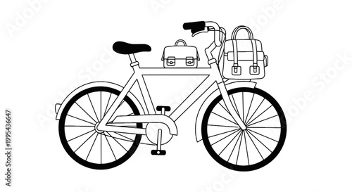Commuter bicycle with travel bags line art vector illustration