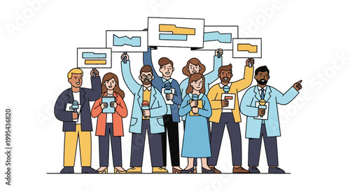 Diverse group of journalists and news reporters holding microphones