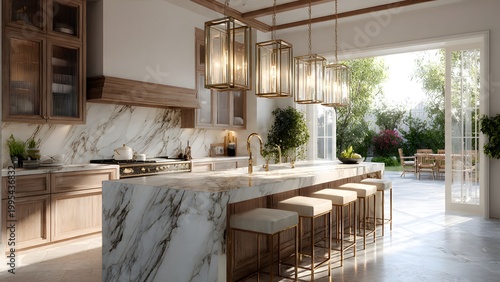 Modern luxury kitchen interior featuring a contemporary house design with a new wood floor, furniture table, and fireplace in a bright indoor room