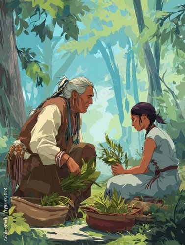 Indigenous elder teaching young woman traditional medicine plant identification in a lush forest environment