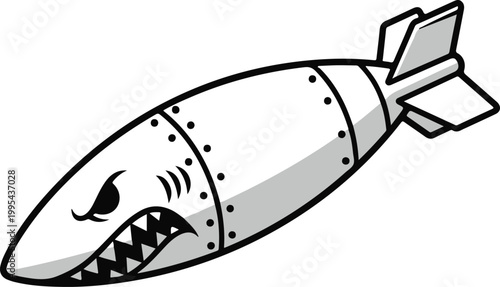 Cartoon Bomb with Shark Face and Sharp Teeth, Bold Line Art Style Black and White Vector Illustration
