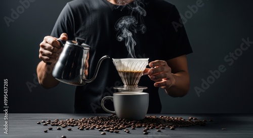 Artisanal Coffee Brewing with Pour Over Method and Aromatic Steam