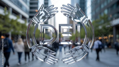 Metal hands encircle DEI letters in city for creative digital media and web design