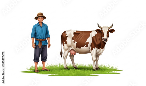 Village Man with Cow on Grass Rural Vector Illustration