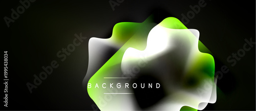 Abstract fluid shapes overlap, creating vibrant green, white hues against dark backdrop. Text reads BACKGROUND. Modern design element.
