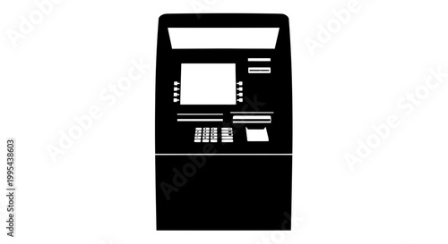 A minimalist vector illustration of an ATM machine in black and white