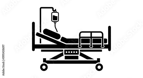 A minimalist vector graphic illustration of a hospital bed with an IV drip
