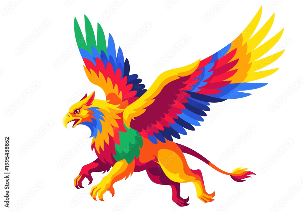 Fototapeta premium Vibrant and Colorful Mythical Griffin Creature with Spread Wings.