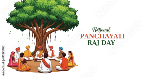 Vector illustration depicting National Panchayati Raj Day in India, showcasing a village council gathered under a banyan tree in a symbolic representation of local governance