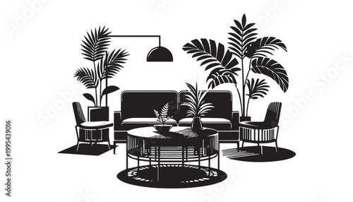 black and white silhouette of table and chairs very high quality vector illustration.