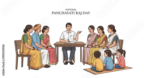 Vector illustration commemorates National Panchayati Raj Day in India, depicting a diverse group of villagers gathered around a table for a council meeting, symbolizing local governance