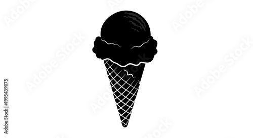 A minimalist black and white vector graphic illustration of an ice cream cone