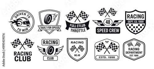 Quadro em tela Retro racing badges vector set with motorsport logos, speed crew emblems, checkered flags, helmets and wings, featuring vintage typography for apparel, stickers and branding