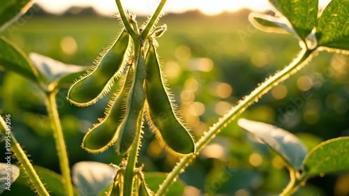 Soybean Plant Pods Growing in a Field During Sunset.