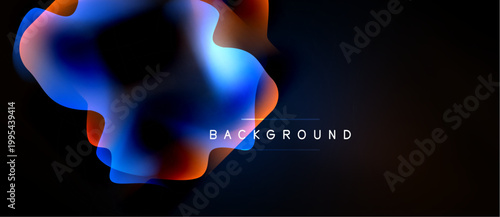 Abstract fluid shapes blend, creating vibrant color gradients. Dark background emphasizes flowing forms, modern design element.