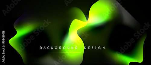 Abstract fluid shapes, vibrant green hues dominate dark background. Modern design element, dynamic composition, smooth gradients present.