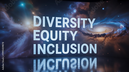 Diversity Equity Inclusion text on galaxy backdrop emphasizing natural beauty and tranquility