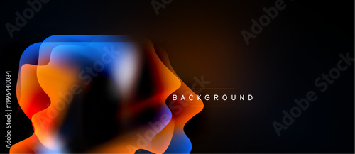 Abstract fluid shapes blend, creating vibrant orange, blue gradients. Dark background emphasizes flowing forms, modern design element.