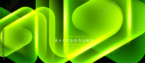 Abstract green shapes overlap, creating luminous effect. Dark background emphasizes vibrant color gradients, modern design element.