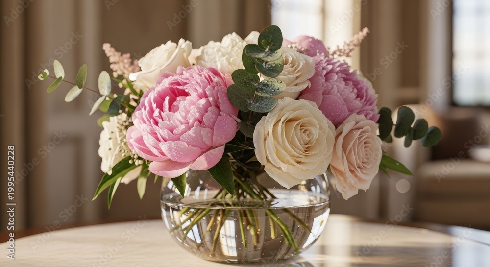 Fototapeta premium A beautiful round glass vase filled with a stunning arrangement of pink and white peonies and roses, accented with eucalyptus leaves, sitting on a polished table