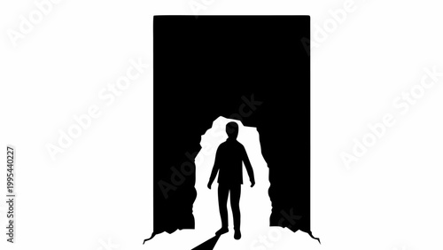 Person walks through cracked wall into darkness symbolizing freedom or escape